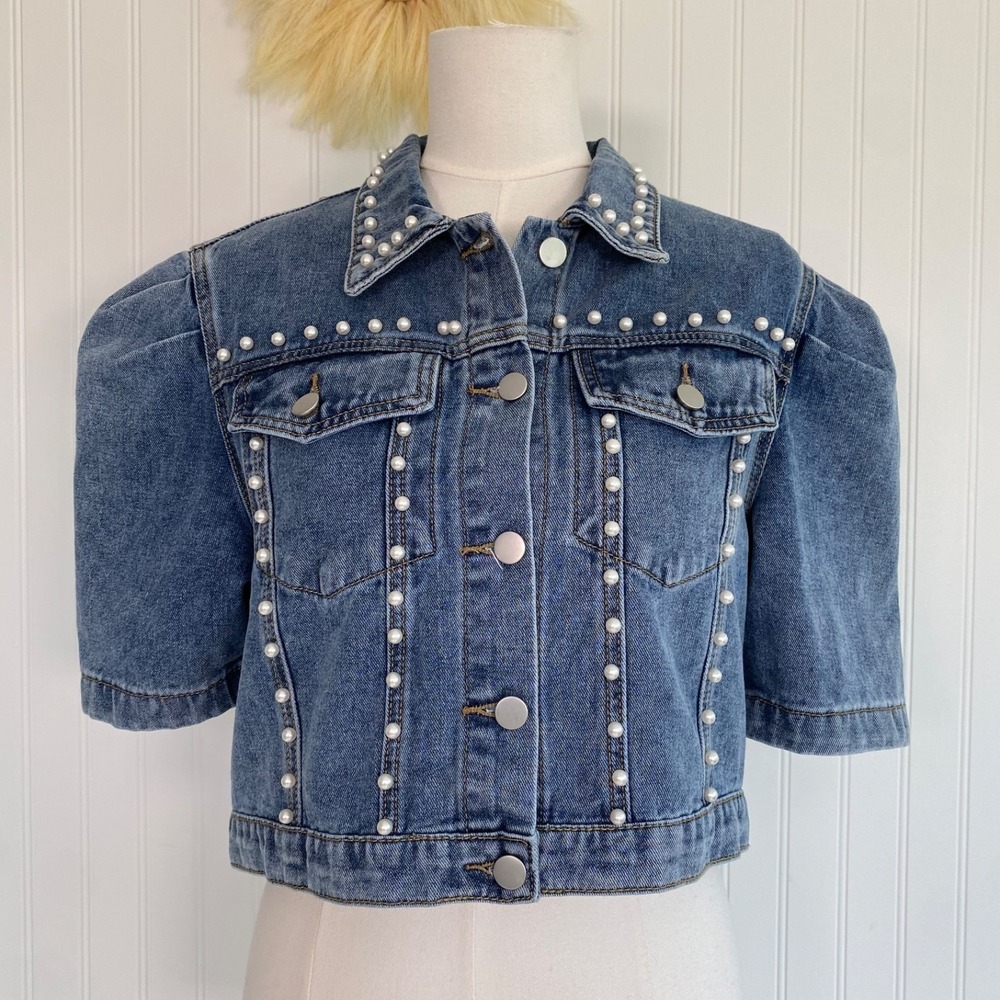 Andree Women Pearl Embellished Denim Jacket Size S Country Cowgirl Boho Festival